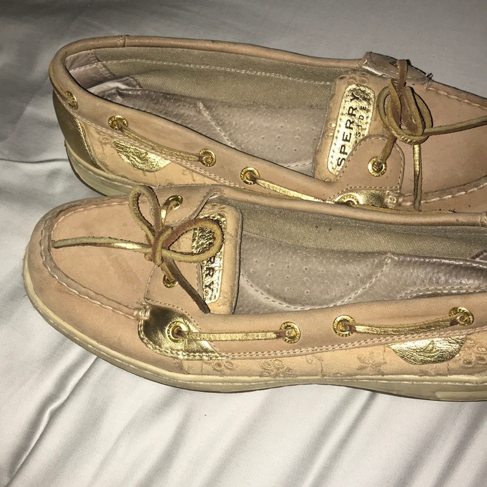 Tan and gold sperry boat shoe